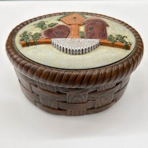 Vintage Birdhouse Ivy Trinket Box Faux Wicker Basket Ceramic Signed Kim Cottage
